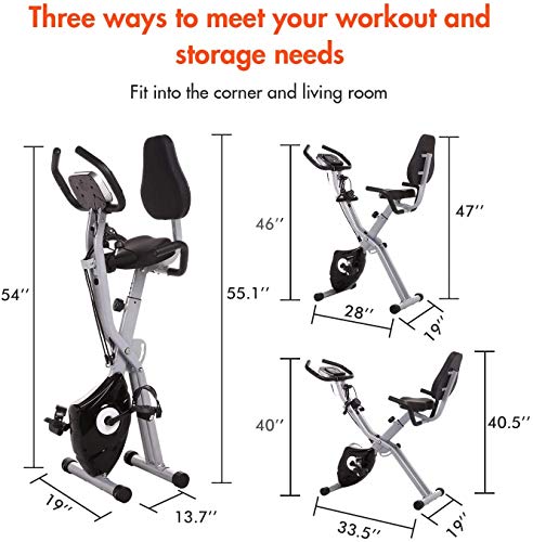 ANCHEER Bicicleta Estática Plegable Bicicleta de Ejercicio para casa 10 Niveles de Resistencia Magnética, con App, Soporte para Tableta Capacidad de Peso:120kg( Gris+ respaldo）