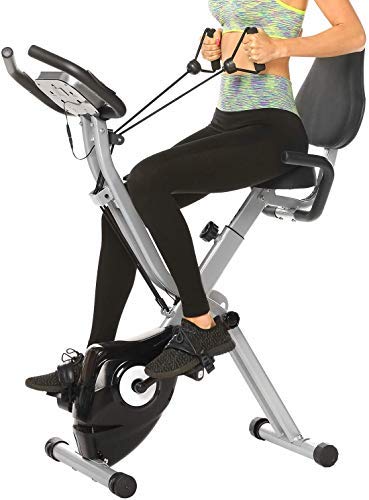 ANCHEER Bicicleta Estática Plegable Bicicleta de Ejercicio para casa 10 Niveles de Resistencia Magnética, con App, Soporte para Tableta Capacidad de Peso:120kg( Gris+ respaldo）