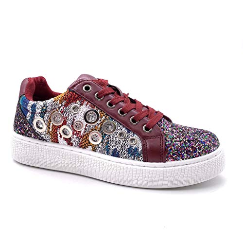 Angkorly - Zapatillas Moda Deportivos Tennis Sporty Chic Bimaterial Mujer Brillante Perforado Bordado tacón Plano 3.5 CM - Burdeos LE1715 T 37