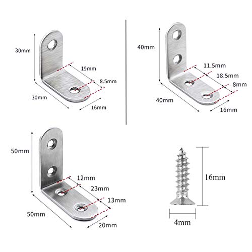 Ángulo Recto Soportes,Liwein Soportes de Esquina de Acero Inoxidable Sujetador de Esquina de Ángulo Recto Soporte de Ángulo con 100 Tornillos para Muebles 30mm 40mm 50mm(Plateado)