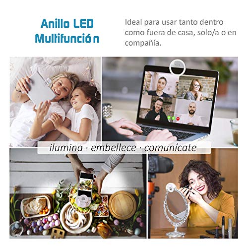 Anillo de Luz Selfie LED Mini Flux’S, Recargable por USB, con Pinza de Sujeción, para Móvil, Tablet o Portátil, para Selfies, Youtube, TIK Tok, Instagram, Directos, Videollamadas, Maquillaje