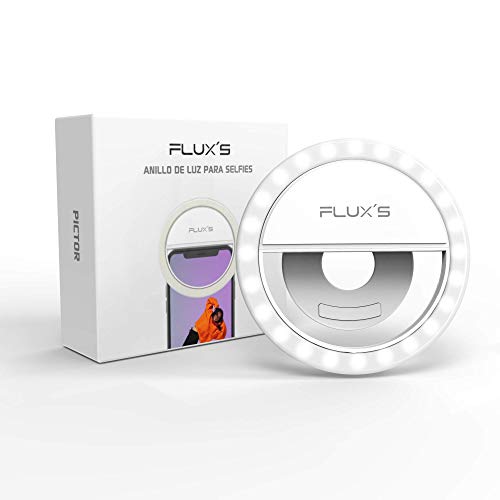 Anillo de Luz Selfie LED Mini Flux’S, Recargable por USB, con Pinza de Sujeción, para Móvil, Tablet o Portátil, para Selfies, Youtube, TIK Tok, Instagram, Directos, Videollamadas, Maquillaje