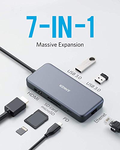 Anker Adaptador hub USB-C, hub USB-C 7 en 1 PowerExpand+, con USB-C a HDMI de 4K, Power Delivery de 60 W, Ethernet de 1 GB/s, 2 Puertos USB 3.0, lectores de microSD, para portátiles USB-C