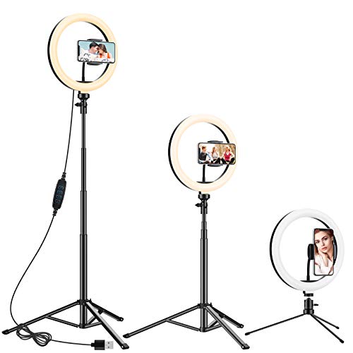 Anozer 10.2'' LED Anillo de luz con Trípode Metal de Escritorio y 57.1'' Trípode Largo Alternativo&Soporte Teléfono, luz de 3 Modo y 10 Brillo para Transmisión en Vivo/Youtube Video/Tiktok/Maquillaje