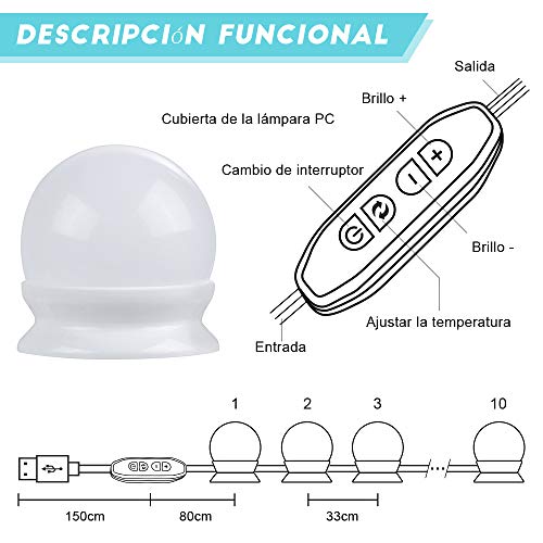 Anpro Luces LED Kit de Espejo con 10 Bombillas regulables,3 Modos Ajustable de Color de Luz,Luz Espejo Maquillaje,Tocador,Espejo,Baño,Regalo para Fiesta,Cumpleaños,Aficionados de Maquillarse Anpro Luces LED Kit de Espejo con 10 Bombillas regulables,3 Modos Ajustable de Color de Luz,Luz Espejo Maquillaje,Tocador,Espejo,Baño,Regalo para Fiesta,Cumpleaños,Aficionados de Maquillarse