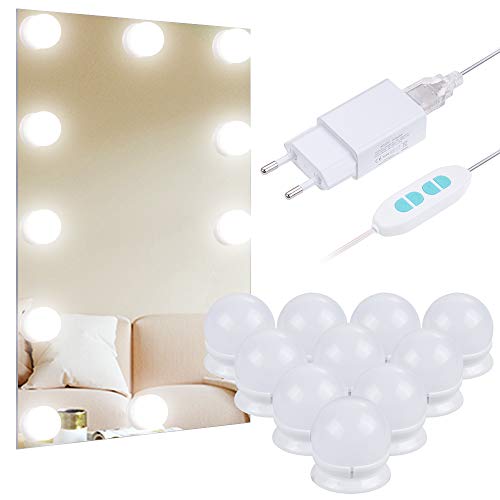 Anpro Luces LED Kit de Espejo con 10 Bombillas regulables,3 Modos Ajustable de Color de Luz,Luz Espejo Maquillaje,Tocador,Espejo,Baño,Regalo para Fiesta,Cumpleaños,Aficionados de Maquillarse