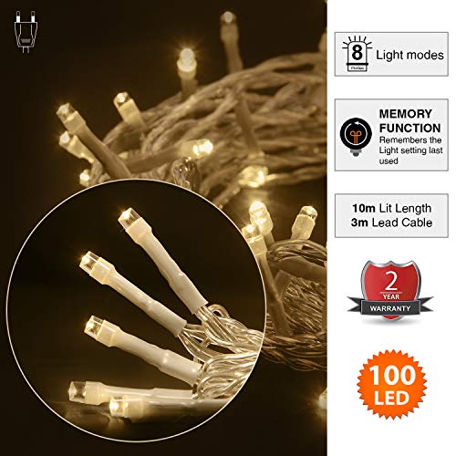 ANSIO Cadena Luces de Navidad 100 LED Blanco cálido Interior/Exterior Luces de árbol luces de hadas alimentadas red 10 M de longitud de luz con Cable transparente