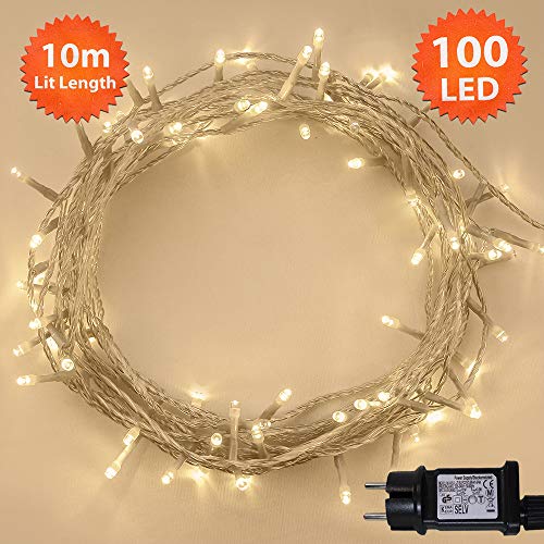 ANSIO Cadena Luces de Navidad 100 LED Blanco cálido Interior/Exterior Luces de árbol luces de hadas alimentadas red 10 M de longitud de luz con Cable transparente