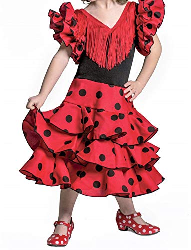 Anuka Vestido de niña para Danza Flamenco o sevillanas (Rojo Topos Negros, 4/5 años)