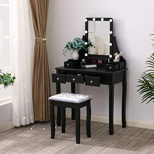 ANWBROAD Juego de Tocador 10 Bombillas Escritorio Grande de Maquillaje con Taburete Almohadillas Espejo sin Marco 5 cajones y 2 separadores Organizador Almacenamiento de Joyas para Negro BDT04B ANWBROAD Juego de Tocador 10 Bombillas Escritorio Grande de Maquillaje con Taburete Almohadillas Espejo sin Marco 5 cajones y 2 separadores Organizador Almacenamiento de Joyas para Negro BDT04B