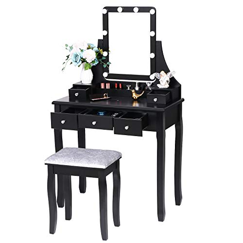 ANWBROAD Juego de Tocador 10 Bombillas Escritorio Grande de Maquillaje con Taburete Almohadillas Espejo sin Marco 5 cajones y 2 separadores Organizador Almacenamiento de Joyas para Negro BDT04B