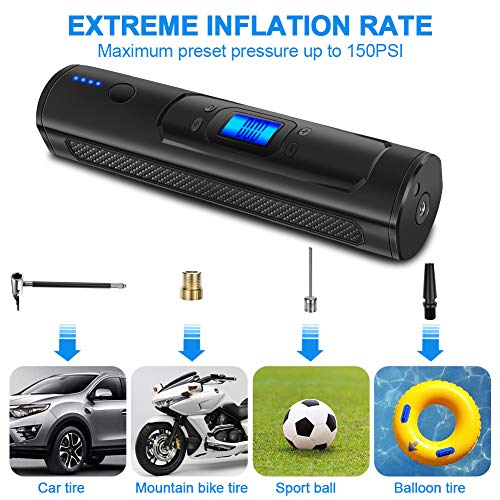 AOKBON Bomba de Neumáticos Compresor de Aire Inteligente Inflador 150 PSI Inalámbrico Portátil Eléctrico Mini Bomba 15L/min con Linterna LED para Todo Tipo de Bicicleta Coche Moto Automóvil Pelotas