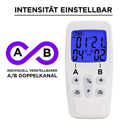 Aparato TENS 3-en-1 | aparato de corriente de estimulación con 22 programas para el tratamiento del dolor | | masaje muscular | incluyendo 4 almohadillas de electrodos con conexión de 2 canales Aparato TENS 3-en-1 | aparato de corriente de estimulación con 22 programas para el tratamiento del dolor | | masaje muscular | incluyendo 4 almohadillas de electrodos con conexión de 2 canales
