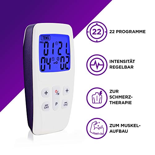 Aparato TENS 3-en-1 | aparato de corriente de estimulación con 22 programas para el tratamiento del dolor | | masaje muscular | incluyendo 4 almohadillas de electrodos con conexión de 2 canales Aparato TENS 3-en-1 | aparato de corriente de estimulación con 22 programas para el tratamiento del dolor | | masaje muscular | incluyendo 4 almohadillas de electrodos con conexión de 2 canales