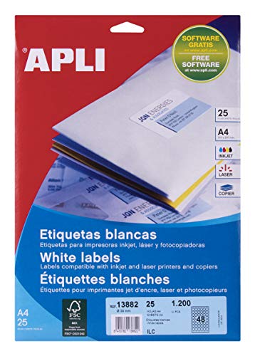 APLI 13882 - Etiquetas blancas permanentes Ø 30,0 mm 25 hojas