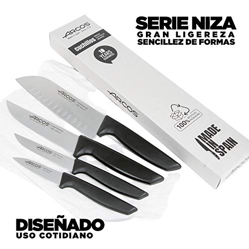 Arcos Juego Cuchillos Cocina Profesionales| Cuchillos Cocina Profesional | 4 pzas | Cuchillos Acero Inoxidable Mango Negro | Utensilios de Cocina | Cuchillo japones Santoku | lavavajillas