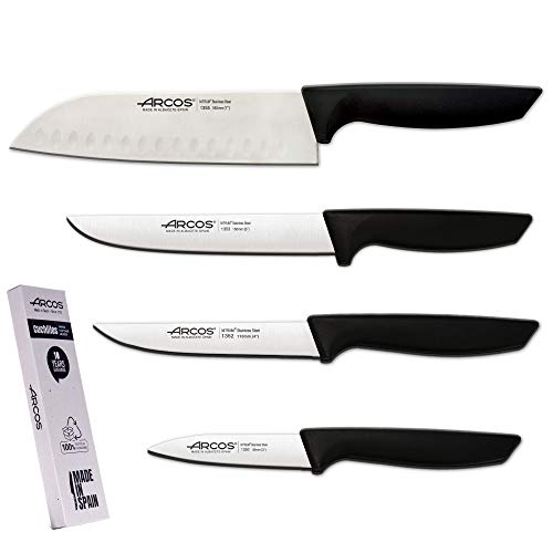 Arcos Juego Cuchillos Cocina Profesionales| Cuchillos Cocina Profesional | 4 pzas | Cuchillos Acero Inoxidable Mango Negro | Utensilios de Cocina | Cuchillo japones Santoku | lavavajillas