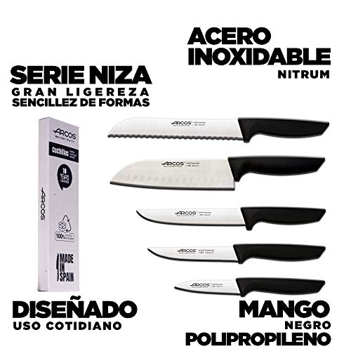 Arcos Juego Cuchillos Cocina Profesionales| Cuchillos Cocina Profesional | 5 pzas | Cuchillos Acero Inoxidable Mango Negro | Utensilios de Cocina | Cuchillo japones Santoku | lavavajillas