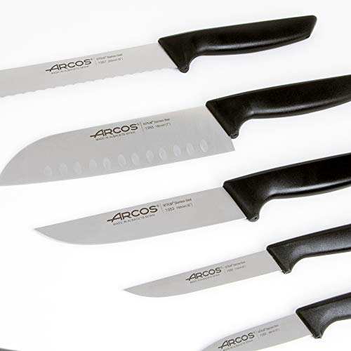 Arcos Juego Cuchillos Cocina Profesionales| Cuchillos Cocina Profesional | 5 pzas | Cuchillos Acero Inoxidable Mango Negro | Utensilios de Cocina | Cuchillo japones Santoku | lavavajillas