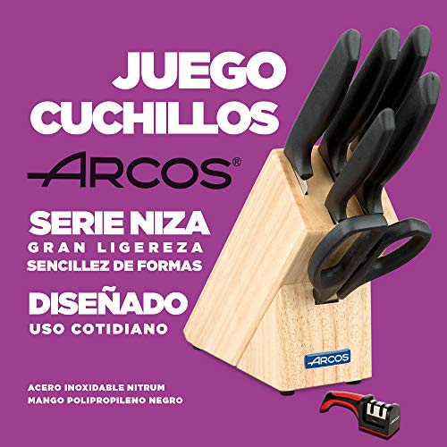 Arcos Juego Cuchillos Cocina y Afilador Cuchillos Cocina Profesional | 7 pzas | Cuchillos Acero Inoxidable Taco Madera | Serie Niza | Uso Cotidiano | Apto lavavajillas