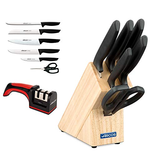 Arcos Juego Cuchillos Cocina y Afilador Cuchillos Cocina Profesional | 7 pzas | Cuchillos Acero Inoxidable Taco Madera | Serie Niza | Uso Cotidiano | Apto lavavajillas