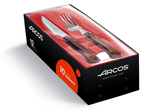 Arcos Serie Cuchillos de Mesa - Juego 12 uds: Cuchillo Chuletero (6 uds.) + Tenedor (6 uds.), Hoja Serrada de Acero Inoxidable NITRUM de 110 mm, Mango Madera comprimida, Color Marrón