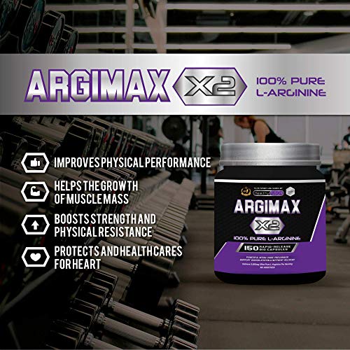 ARGIMAX X2 | 3gr de L-Arginina 100% pura por dosis | Aumenta la masa muscular, la energía y el rendimiento durante el entrenamiento | Potente precursor del óxido nítrico | 150 cápsulas