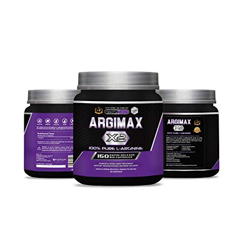 ARGIMAX X2 | 3gr de L-Arginina 100% pura por dosis | Aumenta la masa muscular, la energía y el rendimiento durante el entrenamiento | Potente precursor del óxido nítrico | 150 cápsulas