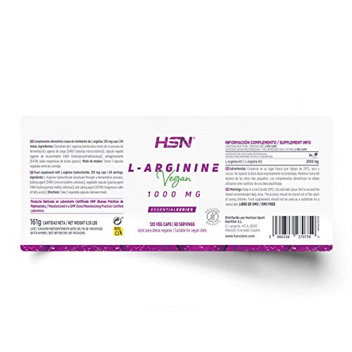 Arginina 1000mg de HSN | Óxido Nítrico, Mejora el Rendimiento Deportivo | Vegano, Sin Gluten, Sin Lactosa, 120 Cápsulas Vegetales