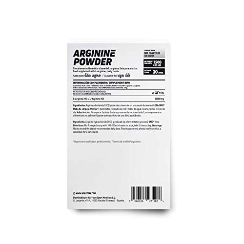 Arginina HCL en Polvo de HSN | Fórmula para Liberar Óxido Nítrico | Suplemento Deportivo para el Rendimiento | Vegano, Sin Lactosa, Sin Gluten, Sin Sabor, 150gr