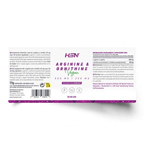 Arginina y Ornitina de HSN | 500mg / 250mg | Aminoácidos para Masa Muscular, Óxido Nítrico, Vegano, Sin Gluten, Sin Lactosa, 120 Cápsulas Vegetales Arginina y Ornitina de HSN | 500mg / 250mg | Aminoácidos para Masa Muscular, Óxido Nítrico, Vegano, Sin Gluten, Sin Lactosa, 120 Cápsulas Vegetales