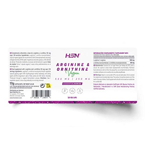 Arginina y Ornitina de HSN | 500mg / 250mg | Aminoácidos para Masa Muscular, Óxido Nítrico, Vegano, Sin Gluten, Sin Lactosa, 120 Cápsulas Vegetales