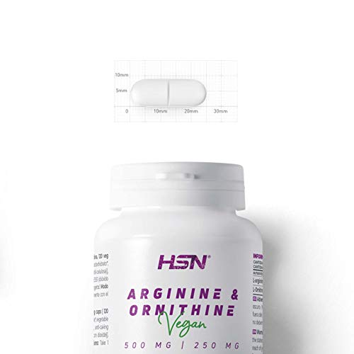 Arginina y Ornitina de HSN | 500mg / 250mg | Aminoácidos para Masa Muscular, Óxido Nítrico, Vegano, Sin Gluten, Sin Lactosa, 120 Cápsulas Vegetales