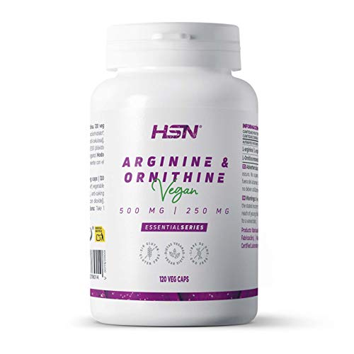 Arginina y Ornitina de HSN | 500mg / 250mg | Aminoácidos para Masa Muscular, Óxido Nítrico, Vegano, Sin Gluten, Sin Lactosa, 120 Cápsulas Vegetales