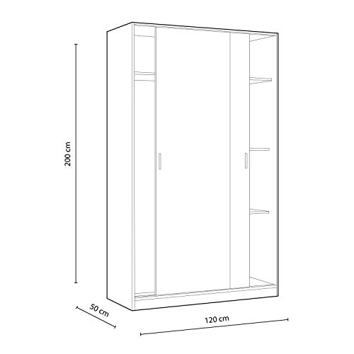 Armario 2 Puertas Correderas y Estantes, para Dormitorio o Habitacion, Modelo MAX, Acabado en Blanco Artik y Roble Canadian, Medidas: 120 cm (Largo) x 200 cm (Alto) x 50 cm (Fondo)