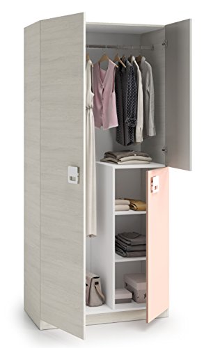 Armario ropero juvenil infantil 3 puertas, barra interior y 3 estantes color blanco, gris y rosa pastel de dormitorio (medida: 90cm ancho x 200cm altura x 52cm fondo) Armario ropero juvenil infantil 3 puertas, barra interior y 3 estantes color blanco, gris y rosa pastel de dormitorio (medida: 90cm ancho x 200cm altura x 52cm fondo)
