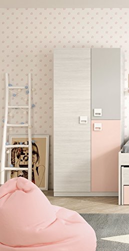 Armario ropero juvenil infantil 3 puertas, barra interior y 3 estantes color blanco, gris y rosa pastel de dormitorio (medida: 90cm ancho x 200cm altura x 52cm fondo) Armario ropero juvenil infantil 3 puertas, barra interior y 3 estantes color blanco, gris y rosa pastel de dormitorio (medida: 90cm ancho x 200cm altura x 52cm fondo)