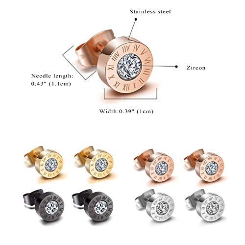 Aroncent Aretes de Acero Inoxidable Hipoalergénico para Hombre Mujer Unisex Pendientes Pequeños Redondos con Números Romanos con Estampado de Perla Circón 4 Colores Conjuntos 4 Pcs Sets