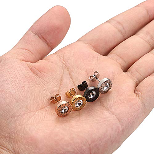 Aroncent Aretes de Acero Inoxidable Hipoalergénico para Hombre Mujer Unisex Pendientes Pequeños Redondos con Números Romanos con Estampado de Perla Circón 4 Colores Conjuntos 4 Pcs Sets