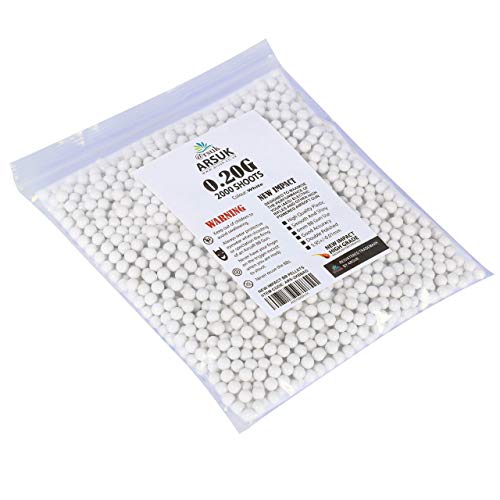 ARSUK Balines de Airsoft, Munición Bolas de Paintball 6mm, 0.20g de Alto Grado Precision de plástico Cantidades; 2000, 4000, 5000, 10,000 Balines(0,20g Bolsa de 2000 Blanco)