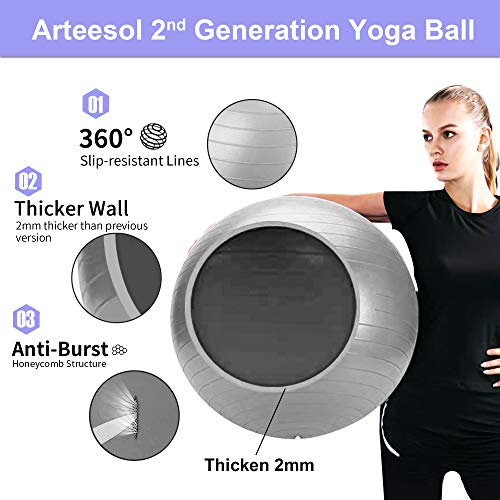 arteesol Bola de Ejercicio 45cm / 55cm / 65cm / 75cm Bola de Yoga Auti Burst Core Gym Swiss Ball con Bomba rápida para Entrenamiento de Pilates Fitness Parto Embarazo (Plata, 65cm)