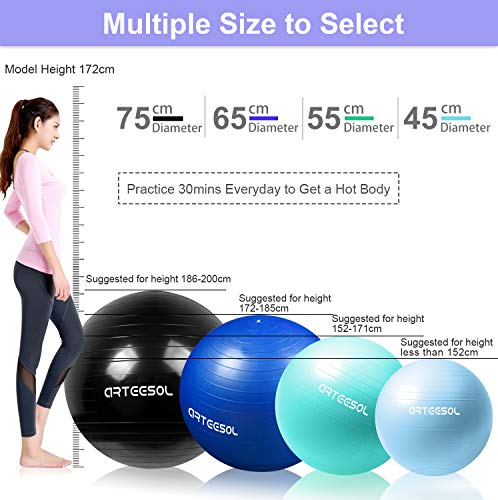 arteesol Pelota de Ejercicio, 45cm/55cm/65cm/75cm Pelota de Yoga Fitness Estabilizador Resistente Bola de Equilibrio con Bomba rápida para la Fuerza del núcleo (75cm, Océano Azul)