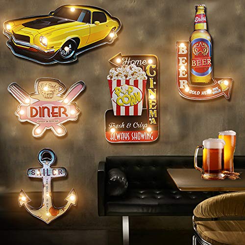 ARTSTORE Cartel de metal retro industrial de barra LED, estilo americano creativo Loft Iron Cafe decoración de pared, cerveza