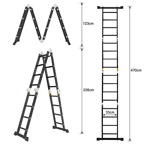 Asina Escalera Multiusos 4.7M Plegable Andamio Doméstica de Aluminio Cargable Hasta 150KG Articulada Multifunción Escalera 4x4 Peldaños con 2 Placas y Ruedas(Negro)