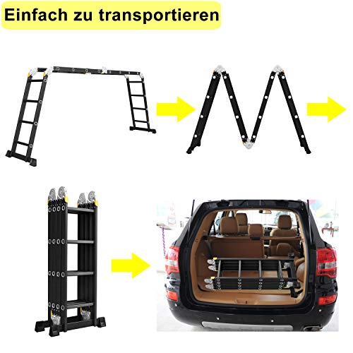 Asina Escalera Multiusos 4.7M Plegable Andamio Doméstica de Aluminio Cargable Hasta 150KG Articulada Multifunción Escalera 4x4 Peldaños con 2 Placas y Ruedas(Negro)