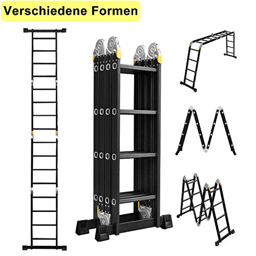 Asina Escalera Multiusos 4.7M Plegable Andamio Doméstica de Aluminio Cargable Hasta 150KG Articulada Multifunción Escalera 4x4 Peldaños con 2 Placas y Ruedas(Negro)