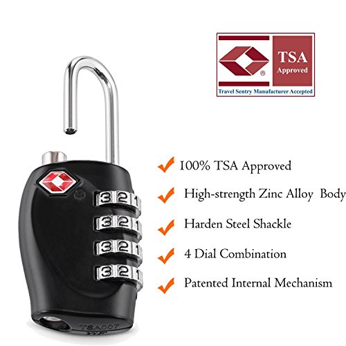 Aspen 4 Dígitos Combinación TSA Candado Más Alta Seguridad TSA Luggege Bloqueo con Cable de Acero para el Maleta Equipaje Viaje (Negro)