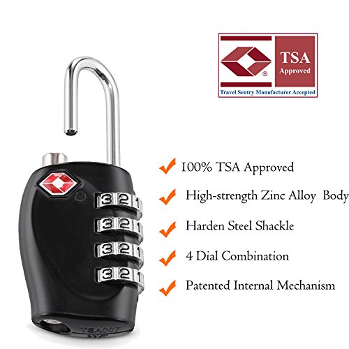 Aspen 4 Dígitos Combinación TSA Candado Más Alta Seguridad TSA Luggege Bloqueo con Cable de Acero para el Viaje Equipaje Maleta (Negro)
