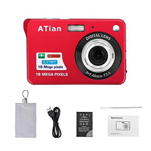 ATian Compactas Cámaras Digitales 2.7 Pulgadas LCD 8X Zoom Digital Anti-vibración Recargable HD Cámara Digital para Estudiantes/Adultos Mayores/niños (Rojo)