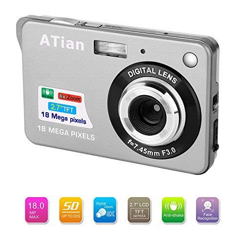 ATian Compactas Cámaras Digitales 2.7 Pulgadas LCD 8X Zoom Digital Anti-vibración Recargable HD Cámara Digital para Estudiantes/Adultos Mayores/niños (Plateado) ATian Compactas Cámaras Digitales 2.7 Pulgadas LCD 8X Zoom Digital Anti-vibración Recargable HD Cámara Digital para Estudiantes/Adultos Mayores/niños (Plateado)